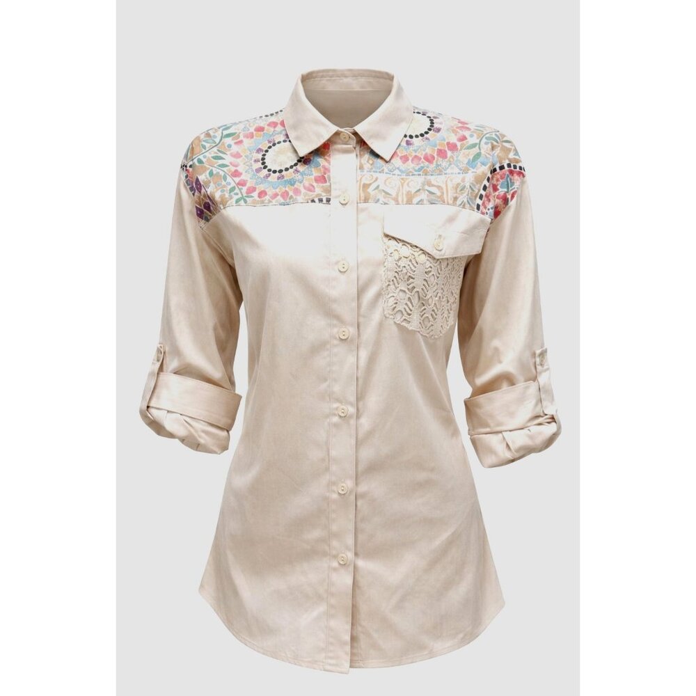 Tapestry Medium Ivory Tan Satin Look Mosaic Yoke Lace Pocket Button Front Blouse - Picture 1 of 10